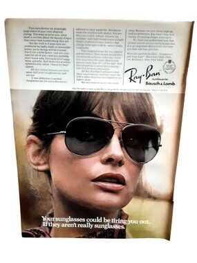 1975 Jean Shrimpton Ray-Ban Sunglasses Vintage Advertisement Bausch & Lomb Print